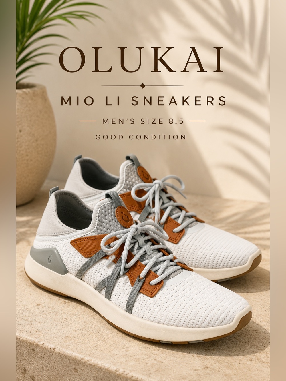 OluKai Mio Li Men’s Sneakers White Gray Cognac Size 8.5